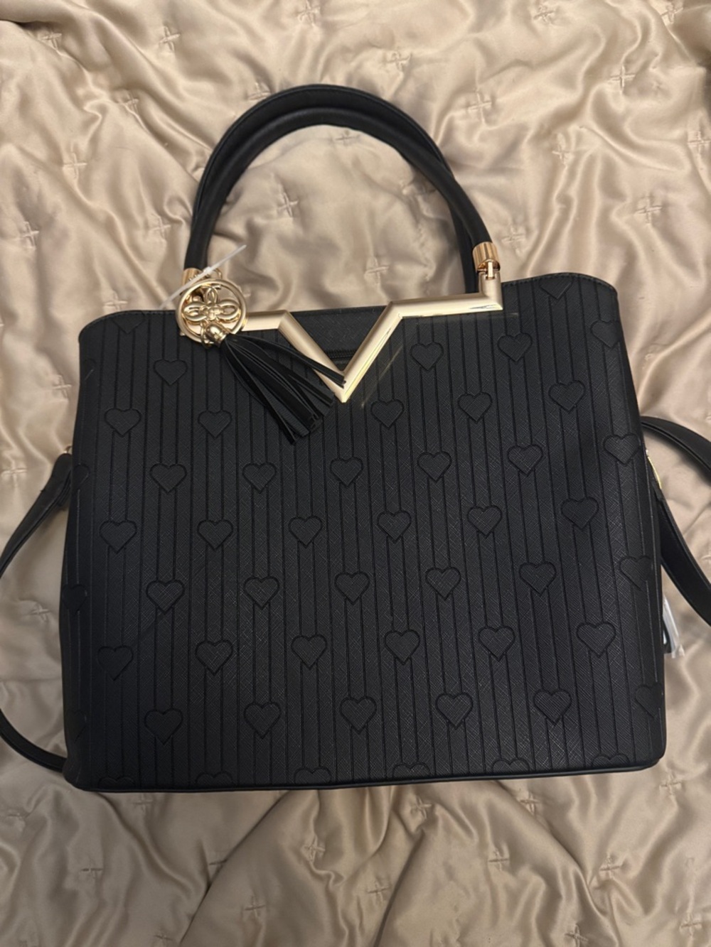 Black Heart-Embossed Structured Crossbody Handbag with Gold Trim